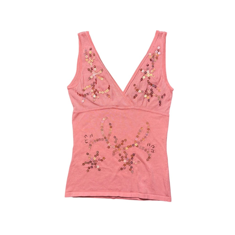 Bebe Pink Sequin Floral Knit Tank Top